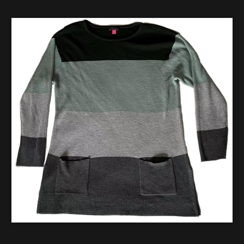 VINCE CAMUTO Colorblock Stripe Pocket Sweater Orig $89 Green, Gray L